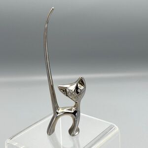 Vtg Chrome Long Tailed Cat Figurine Ring Holder Bejeweled Eyes Jewelry Organizer